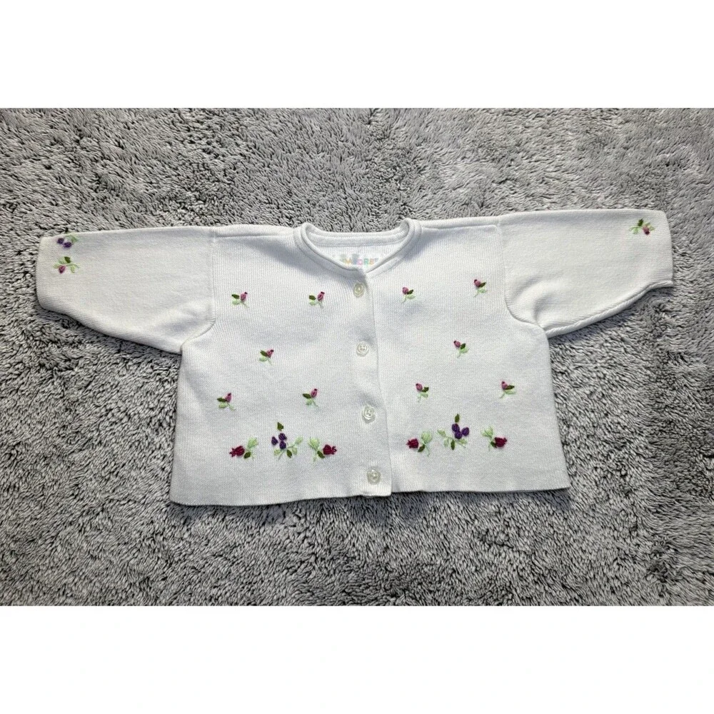 Vtg Gymboree 1998 Rainbow Tag‎ Floral Embroidered White Cardigan Sweater 0-3m